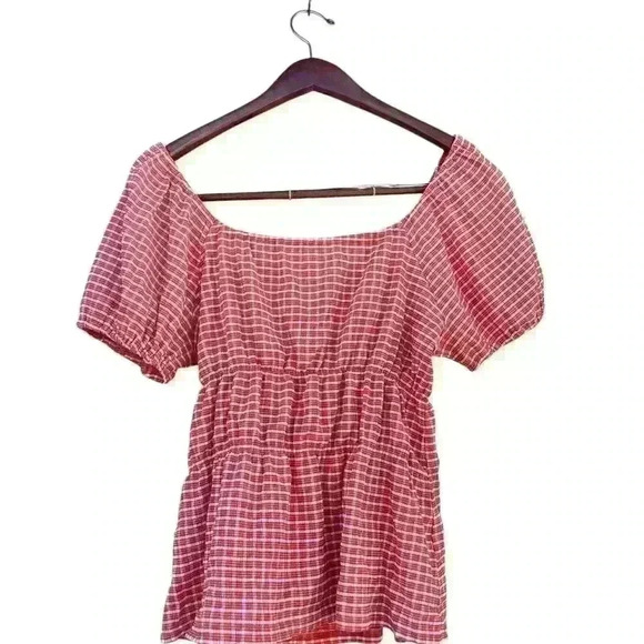 Madewell Omaha Orange White Peplum Gingham Check Blouse Short Sleeves X-Large - Picture 2 of 5